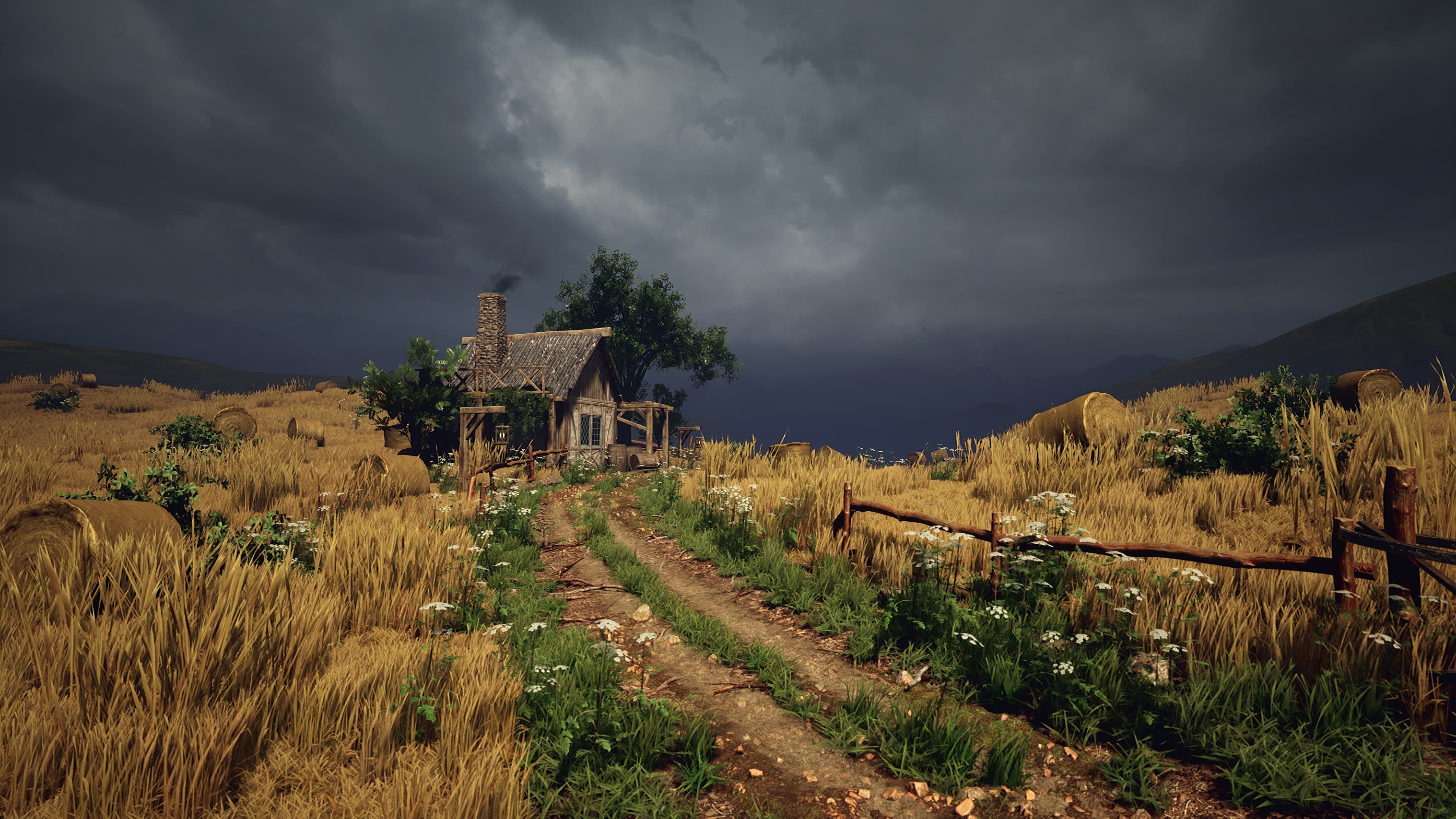 Droid Farm garden scene with greenhouse crops